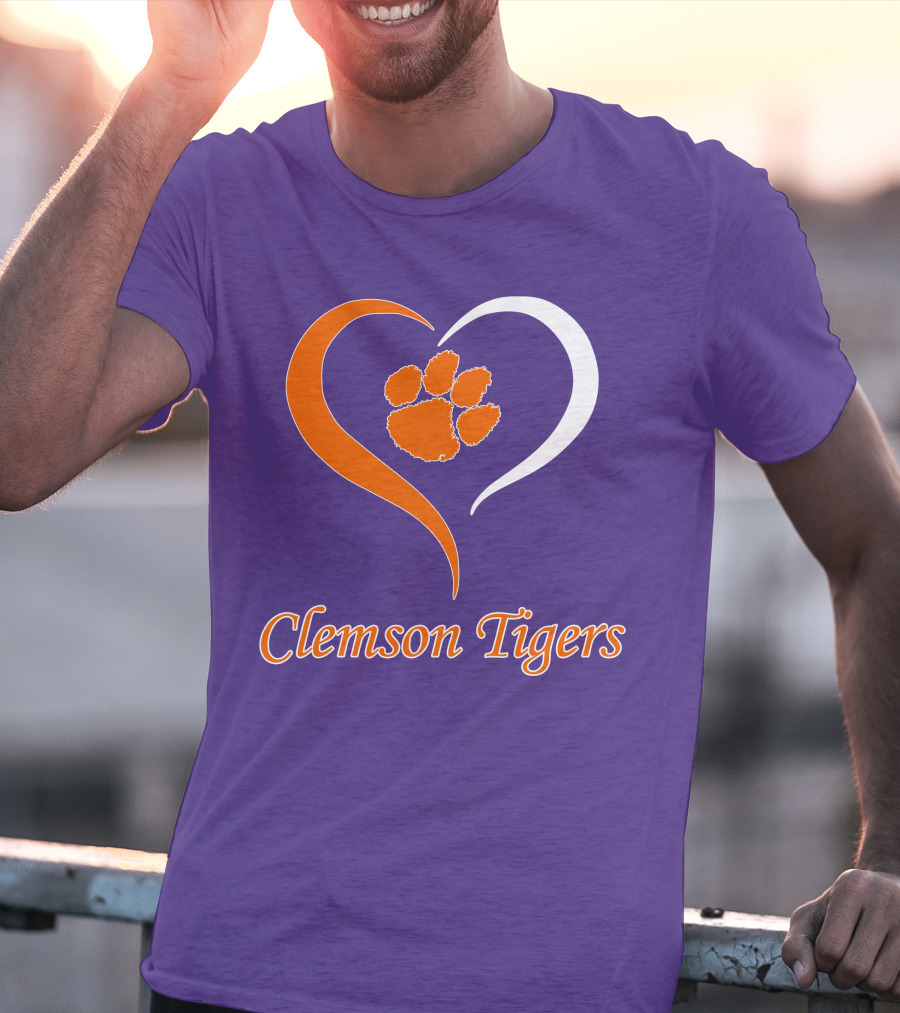 Clemson Tigers Heart Paw Print Purple And Orange T-Shirt