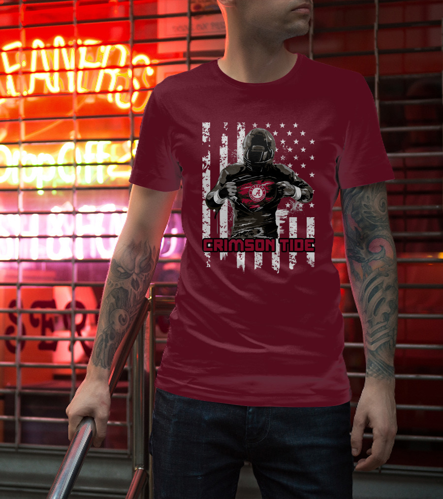 Alabama Crimson Tide Superhero American Flag Football Fan T-Shirt
