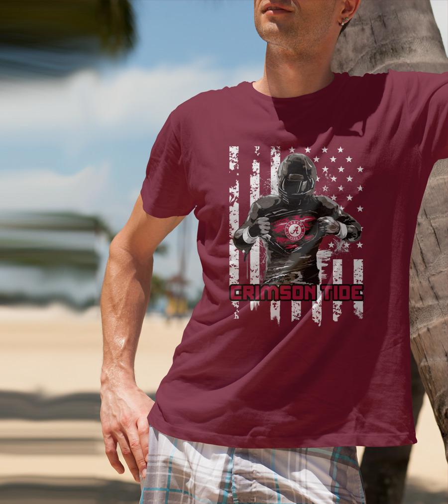 Alabama Crimson Tide Superhero American Flag Football Fan T-Shirt