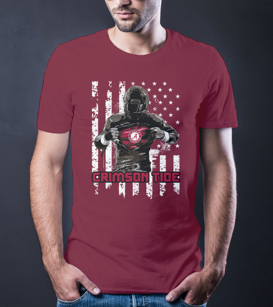 Alabama Crimson Tide Superhero American Flag Football Fan T-Shirt