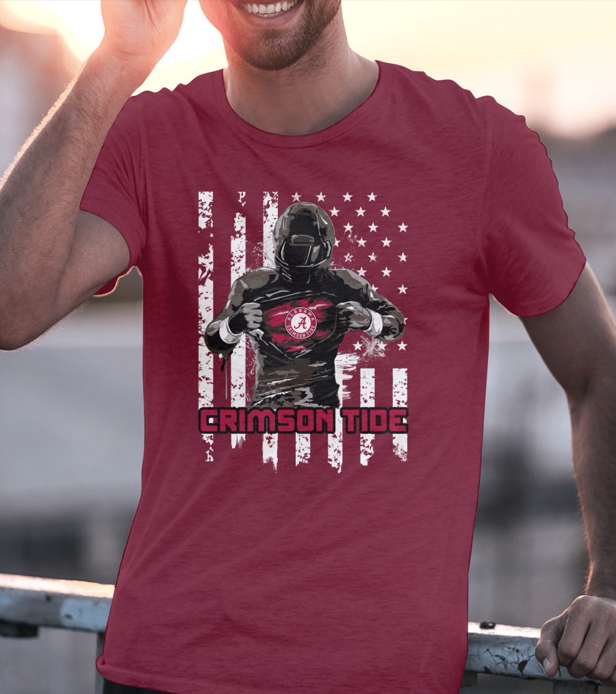 Alabama Crimson Tide Superhero American Flag Football Fan T-Shirt