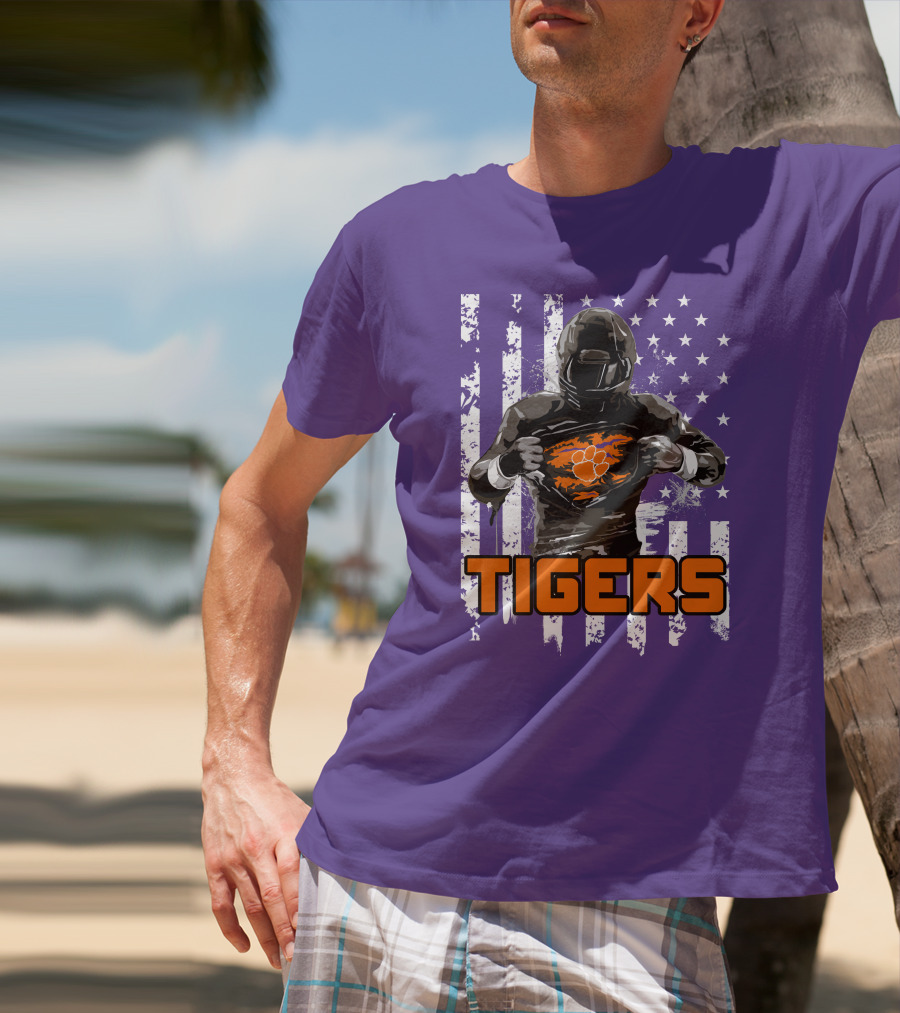 Tigers Player With Paw Logo And Flag Background T-Shirt