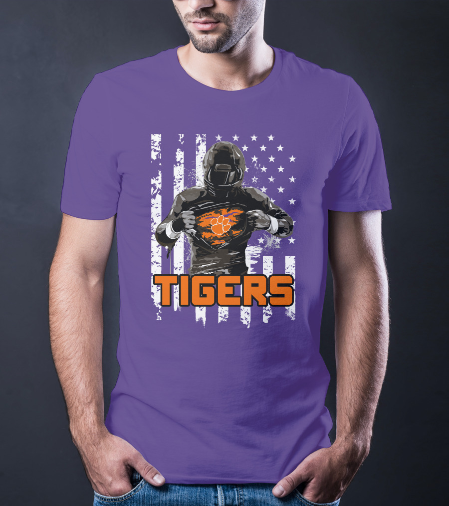 Tigers Player With Paw Logo And Flag Background T-Shirt