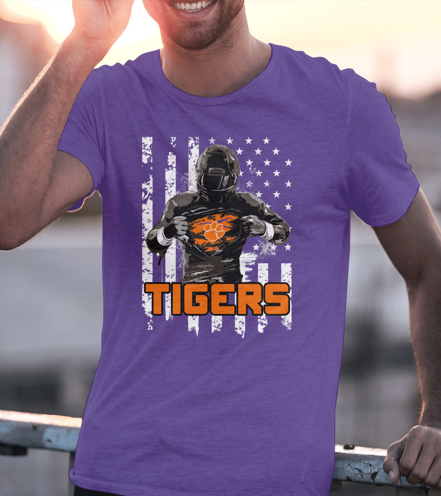 Tigers Player With Paw Logo And Flag Background T-Shirt