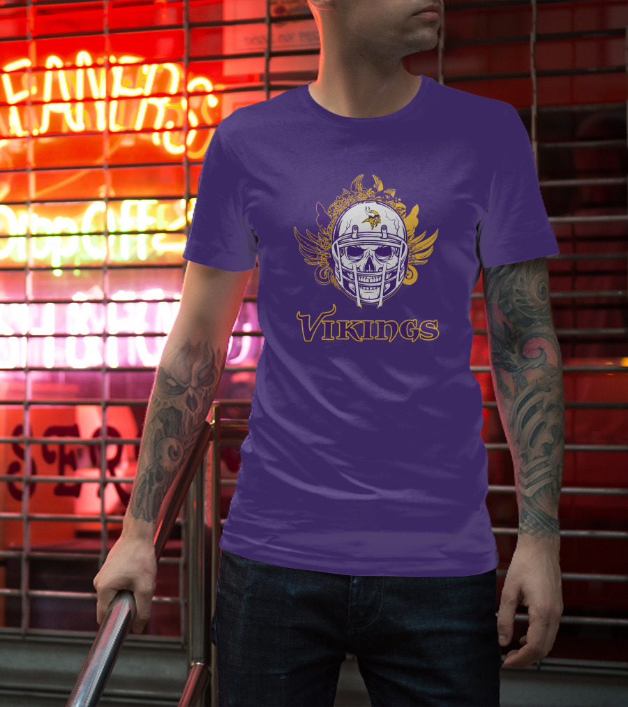 Vikings Skull Helmet With Purple And Yellow Wings T-Shirt