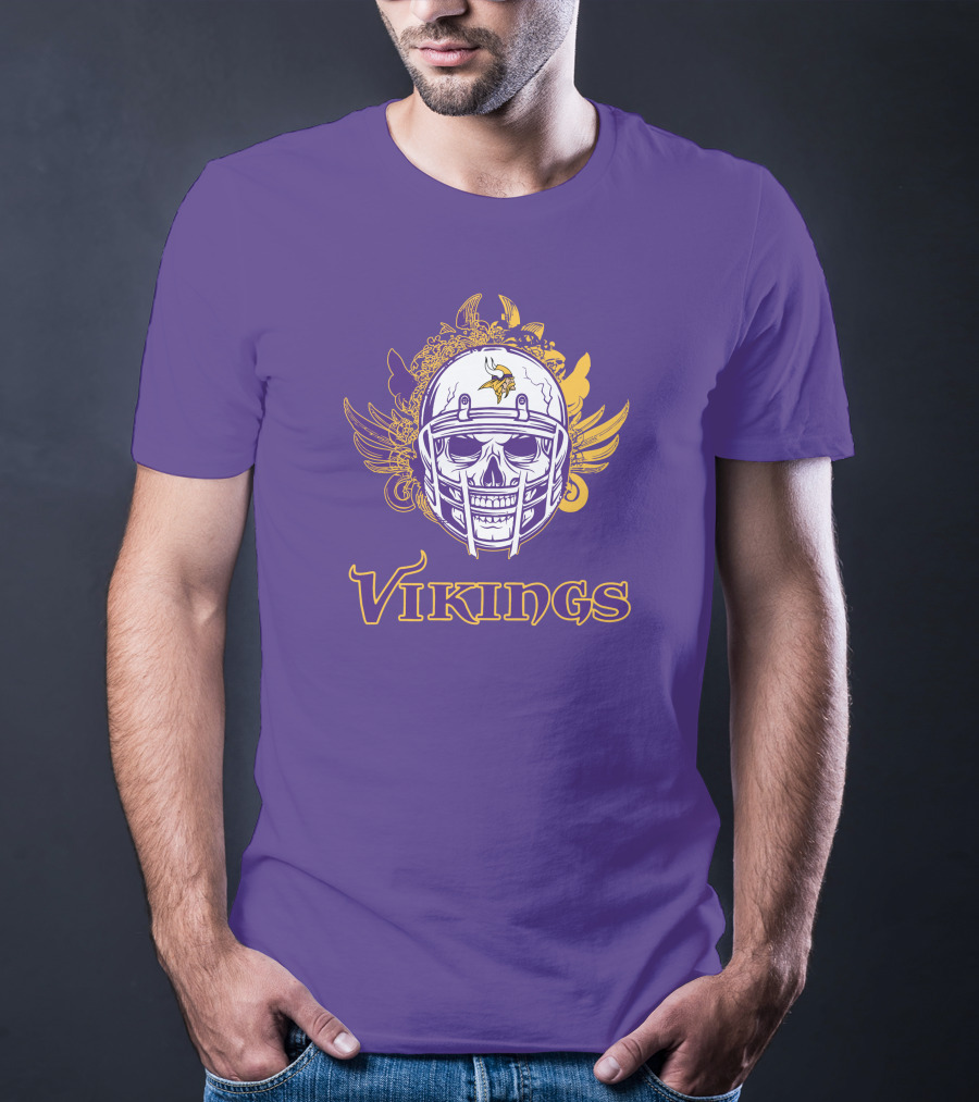 Vikings Skull Helmet With Purple And Yellow Wings T-Shirt