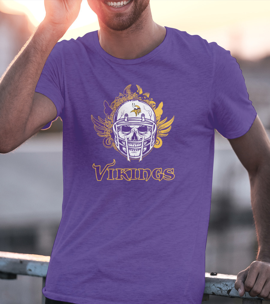 Vikings Skull Helmet With Purple And Yellow Wings T-Shirt