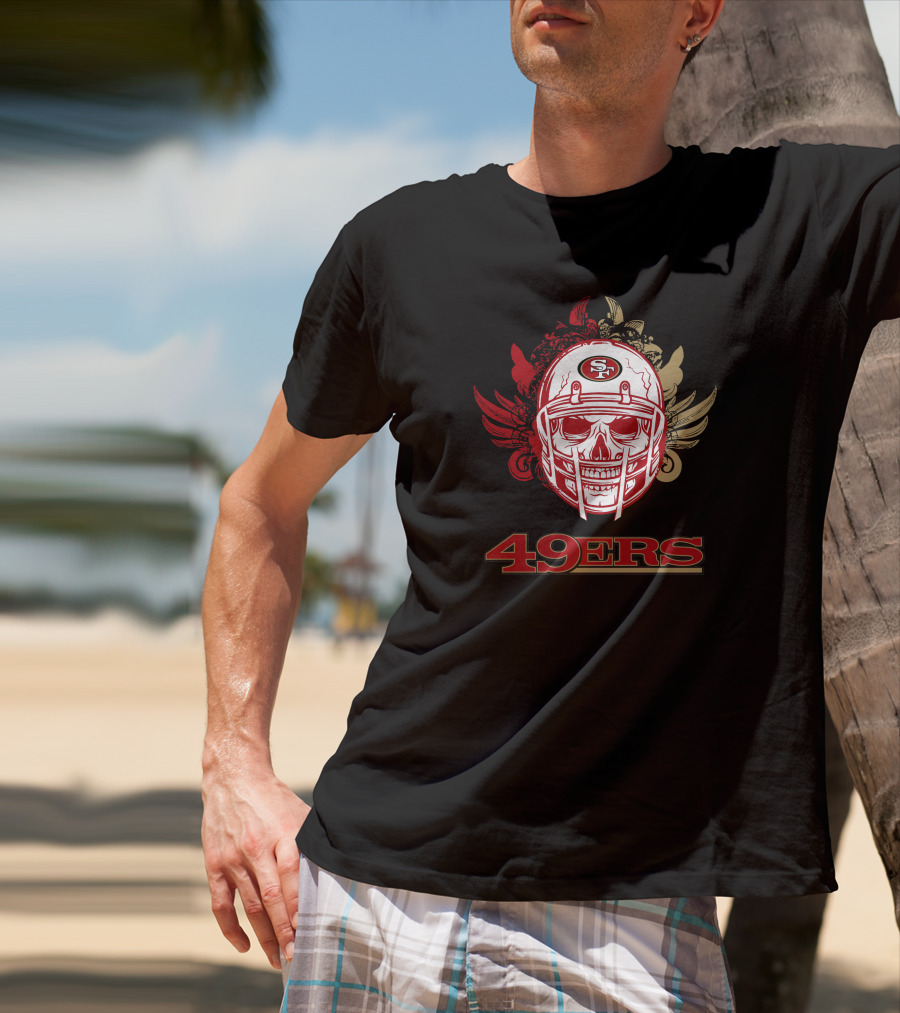 San Francisco 49ers Skull Football Helmet Red Gold Wings T-Shirt