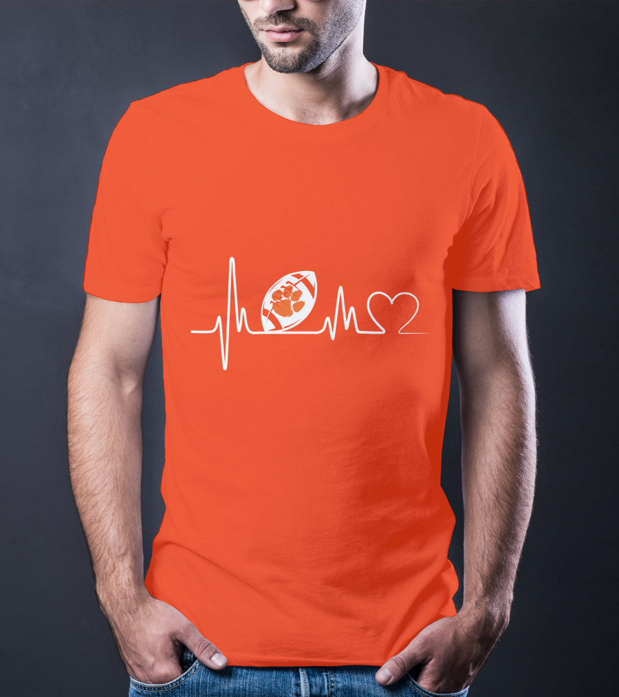 Clemson Tigers Heartbeat Football Paw Prints T-Shirt