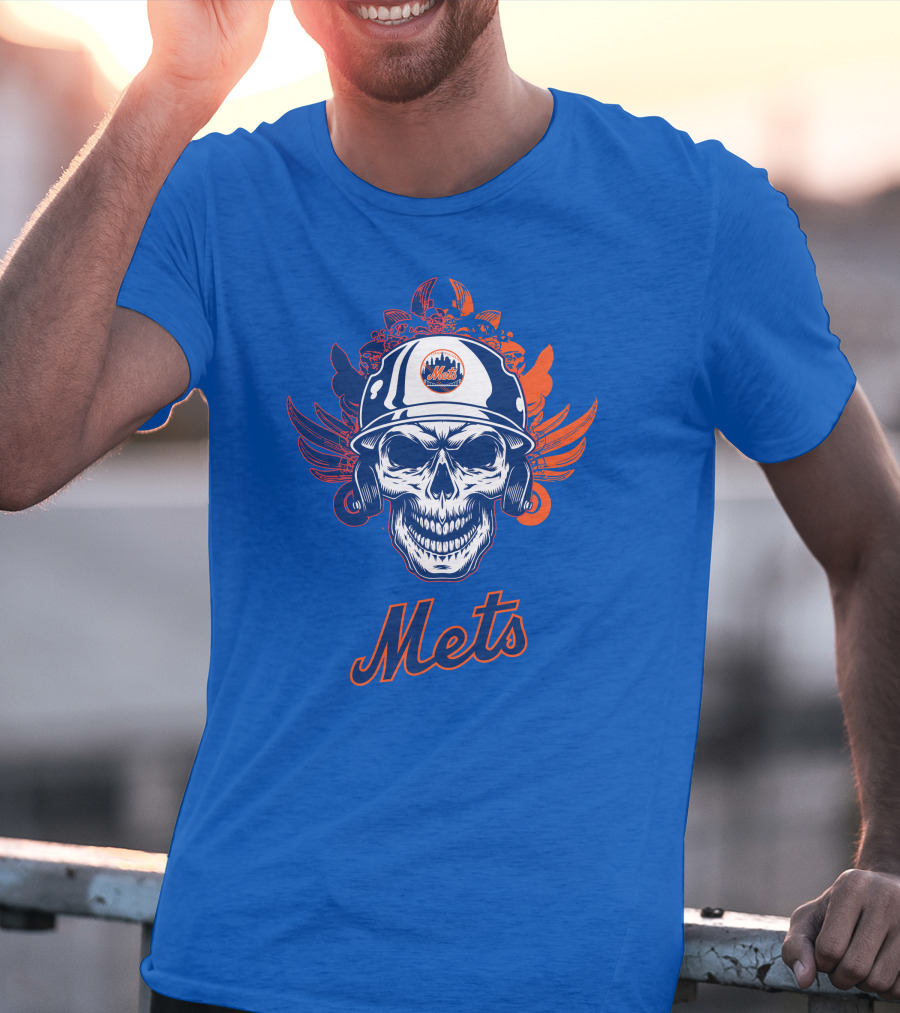 New York Mets Skull Helmet Logo With Wings T-Shirt
