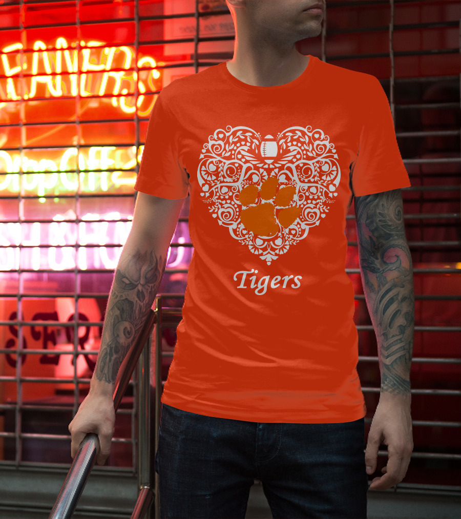 Heart-Shaped Design With Clemson Tigers Paw And Football Elements T-Shirt