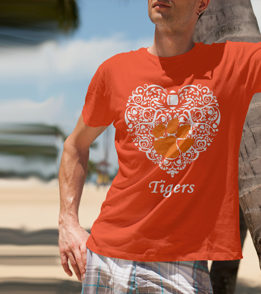 Heart-Shaped Design With Clemson Tigers Paw And Football Elements T-Shirt