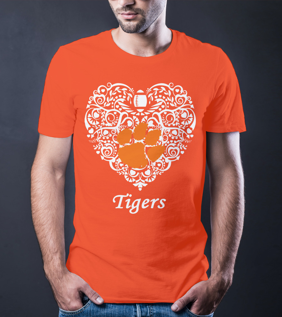Heart-Shaped Design With Clemson Tigers Paw And Football Elements T-Shirt