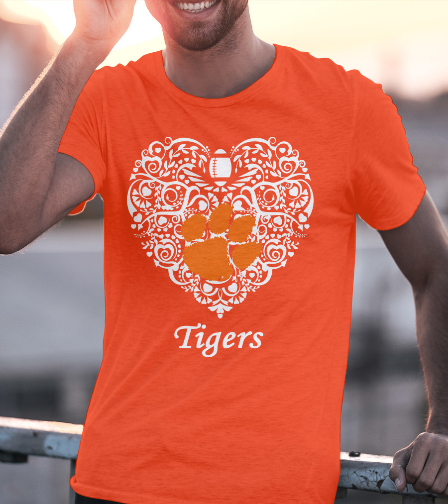 Heart-Shaped Design With Clemson Tigers Paw And Football Elements T-Shirt
