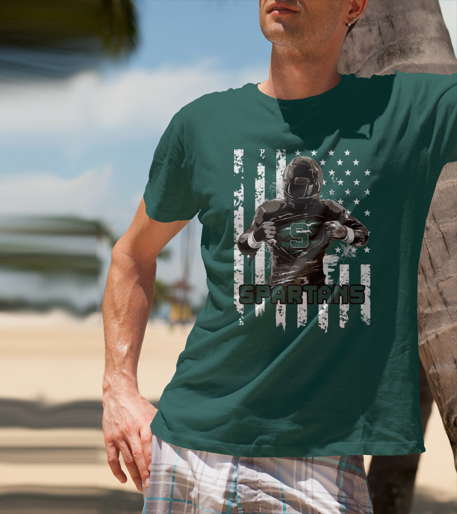 Spartans Player With S Emblem And American Flag Background T-Shirt