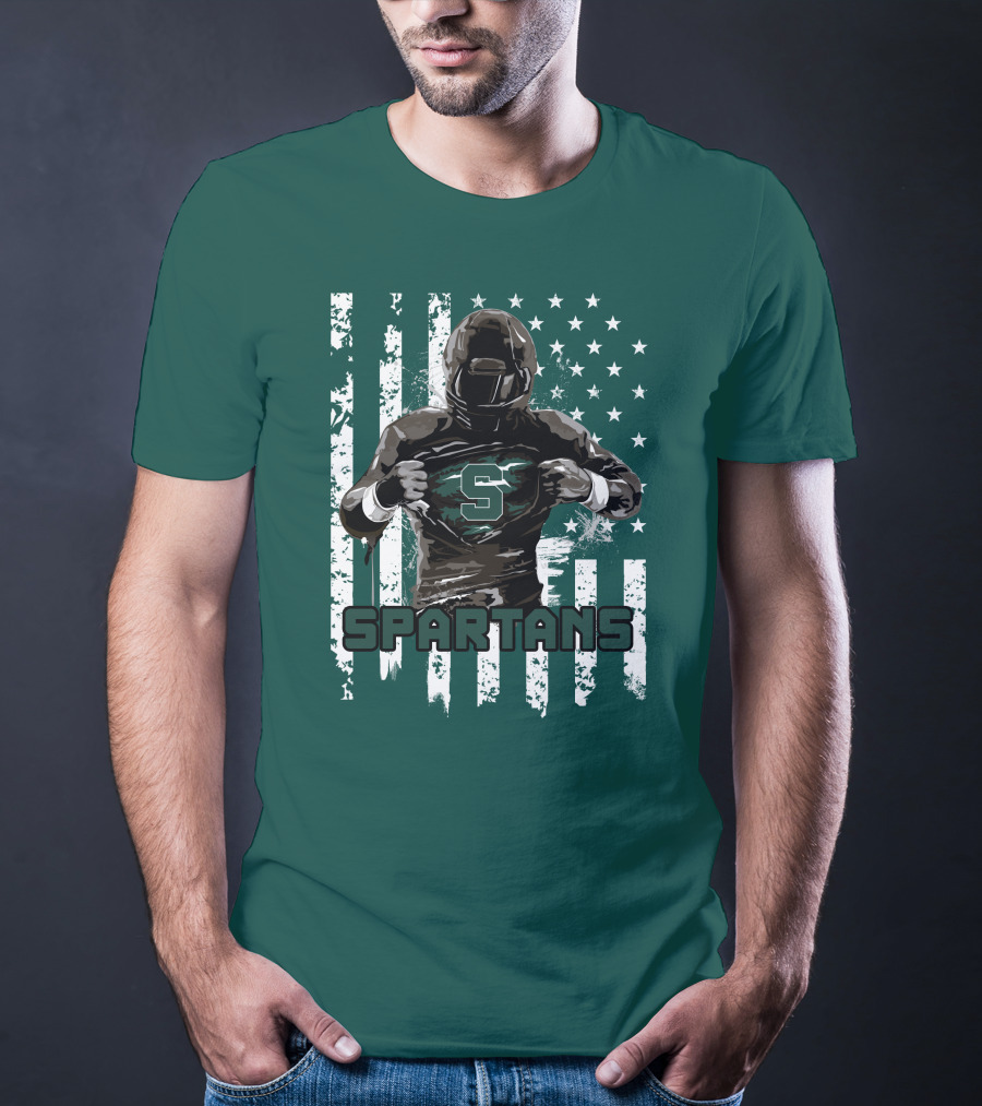 Spartans Player With S Emblem And American Flag Background T-Shirt