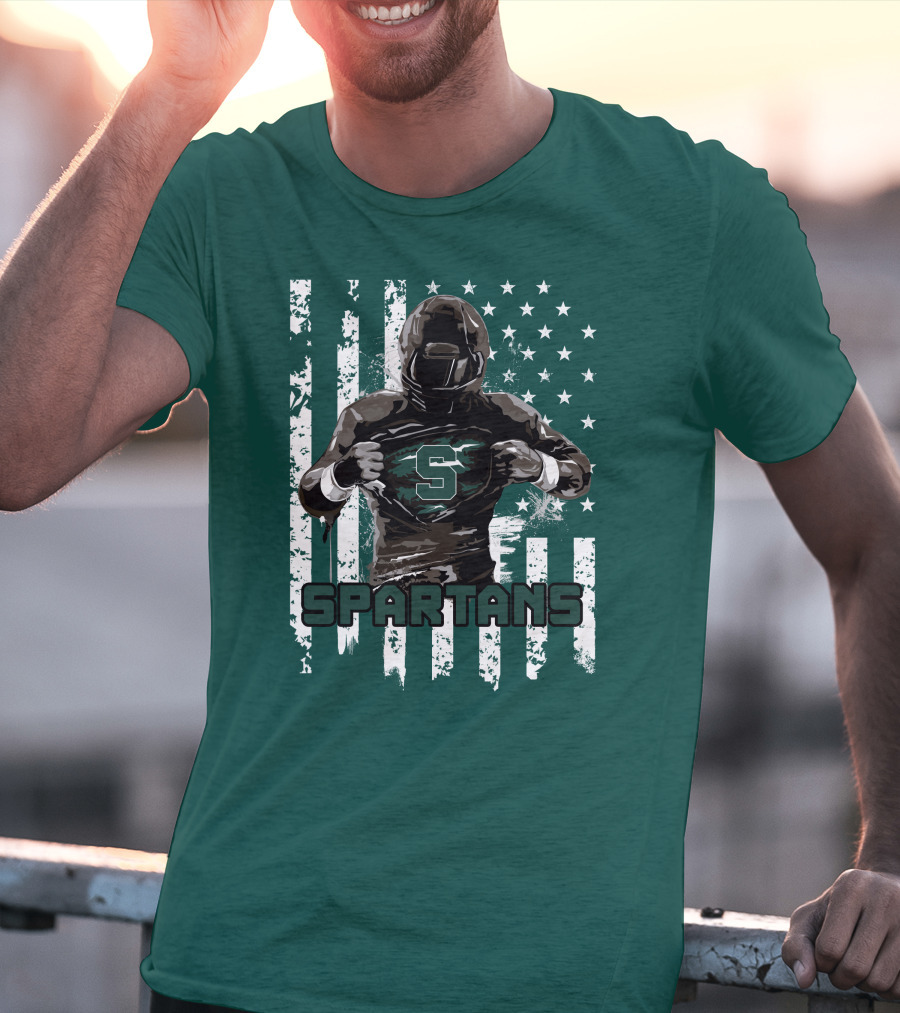 Spartans Player With S Emblem And American Flag Background T-Shirt