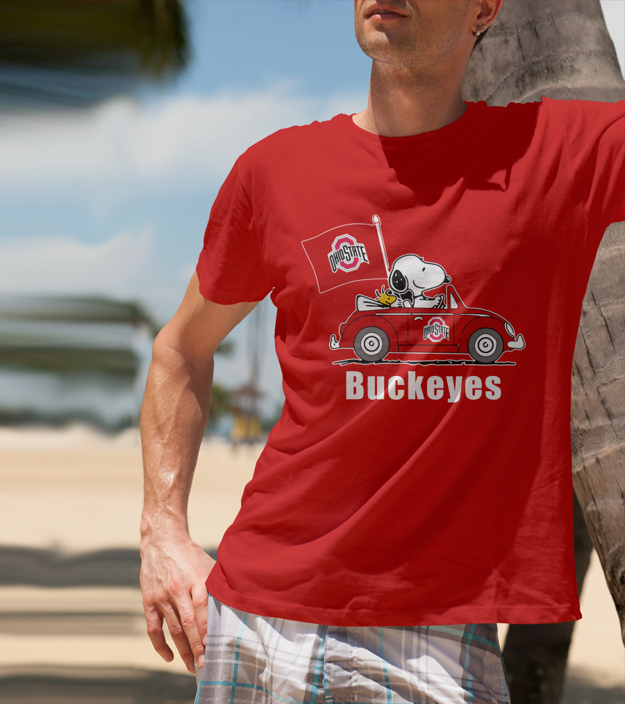Ohio State Buckeyes Snoopy In Red Car With Flag T-Shirt