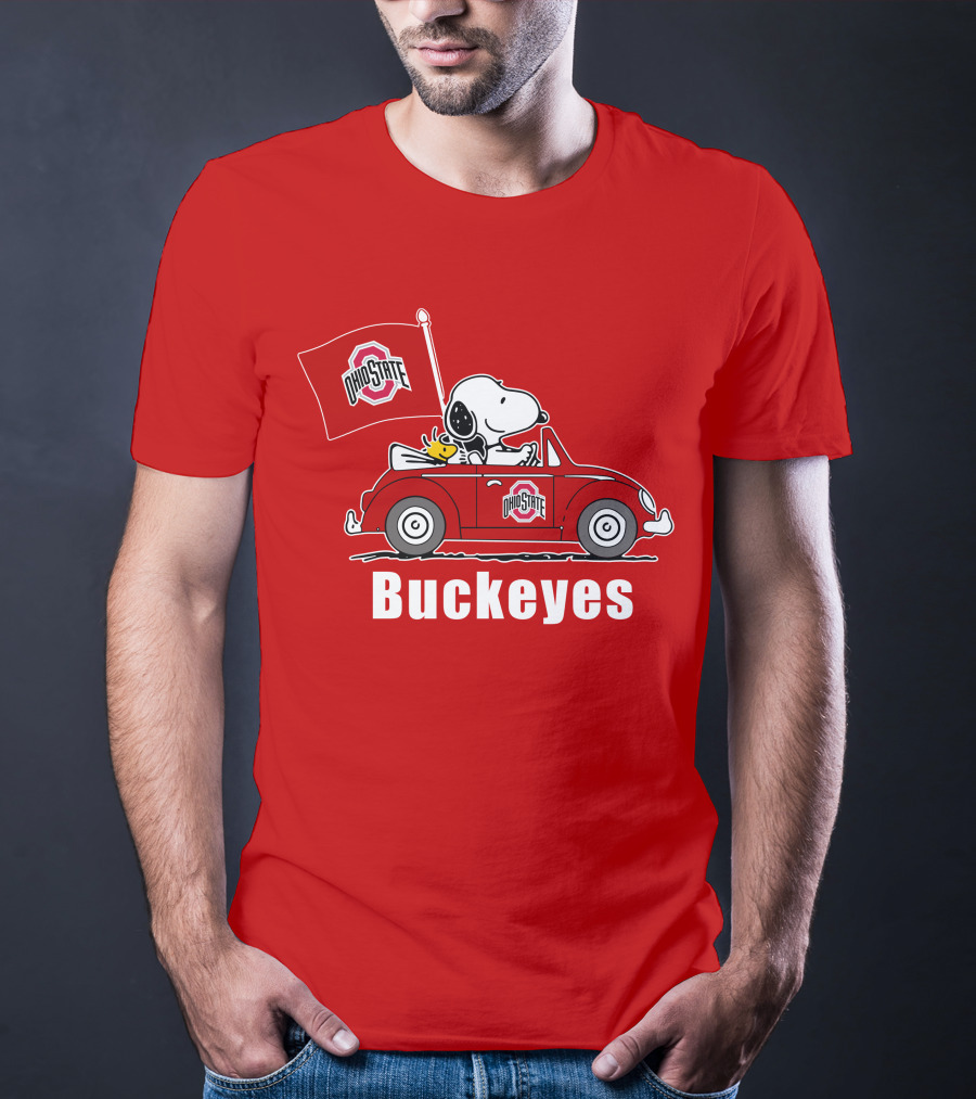 Ohio State Buckeyes Snoopy In Red Car With Flag T-Shirt