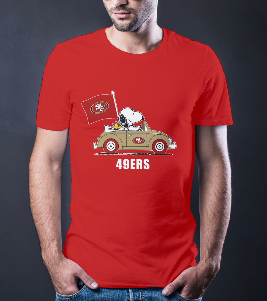 San Francisco 49ers Snoopy Driving Car With Sf Flag T-Shirt
