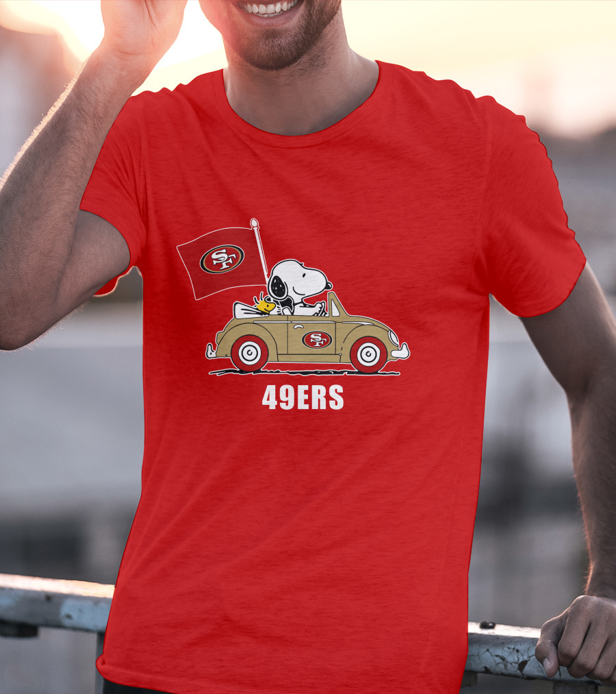 San Francisco 49ers Snoopy Driving Car With Sf Flag T-Shirt