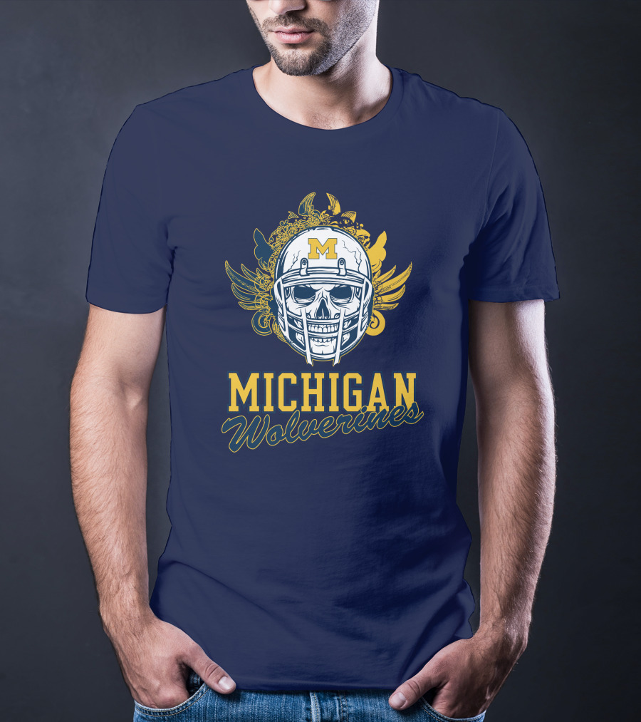 Michigan Wolverines Skull Helmet With Floral Wings T-Shirt