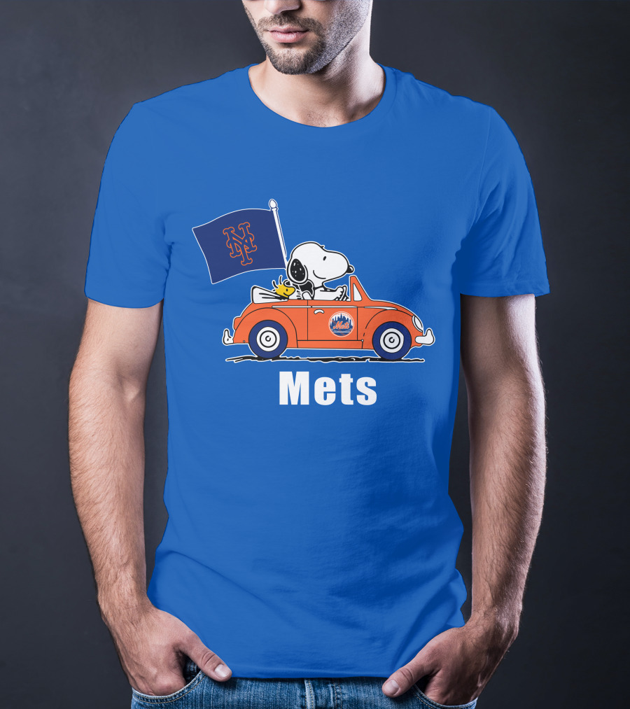 Mets Snoopy Driving With Woodstock And Flag T-Shirt
