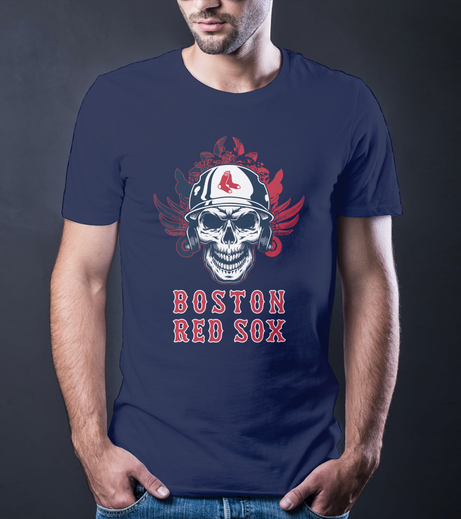 Boston Red Sox Skull With Baseball Helmet And Wings T-Shirt