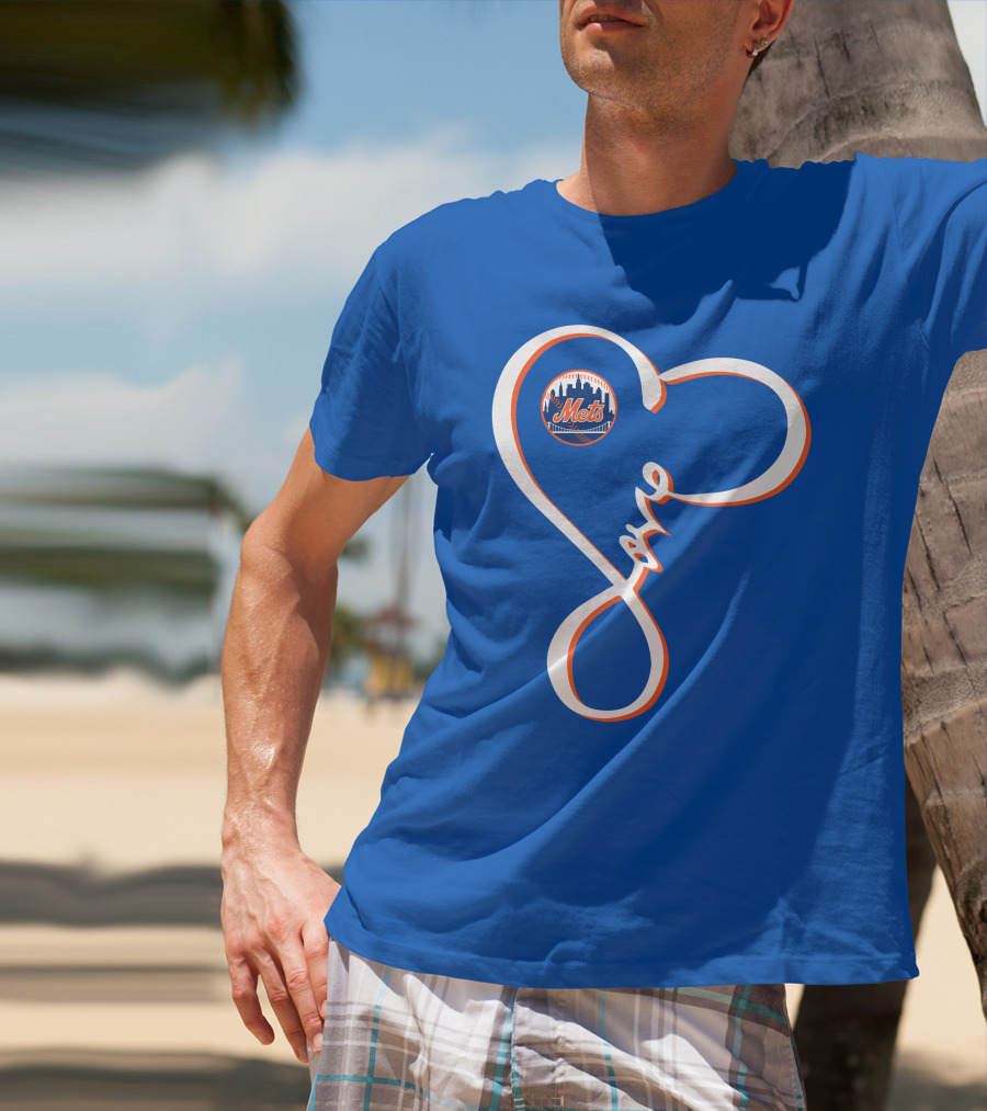 New York Mets Love Script With Heart Outline T-Shirt