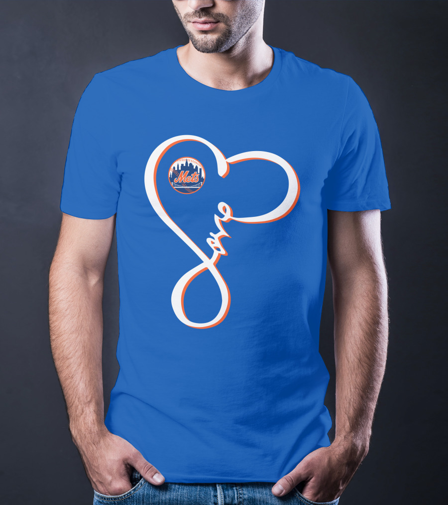 New York Mets Love Script With Heart Outline T-Shirt