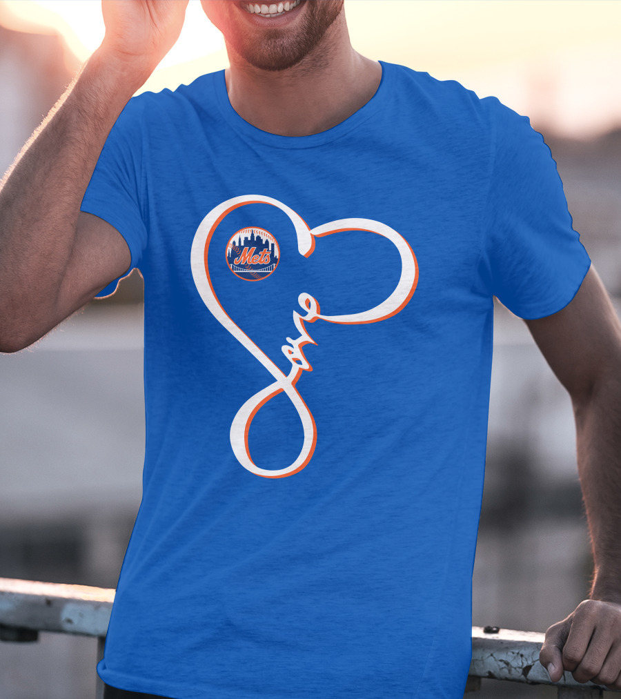 New York Mets Love Script With Heart Outline T-Shirt