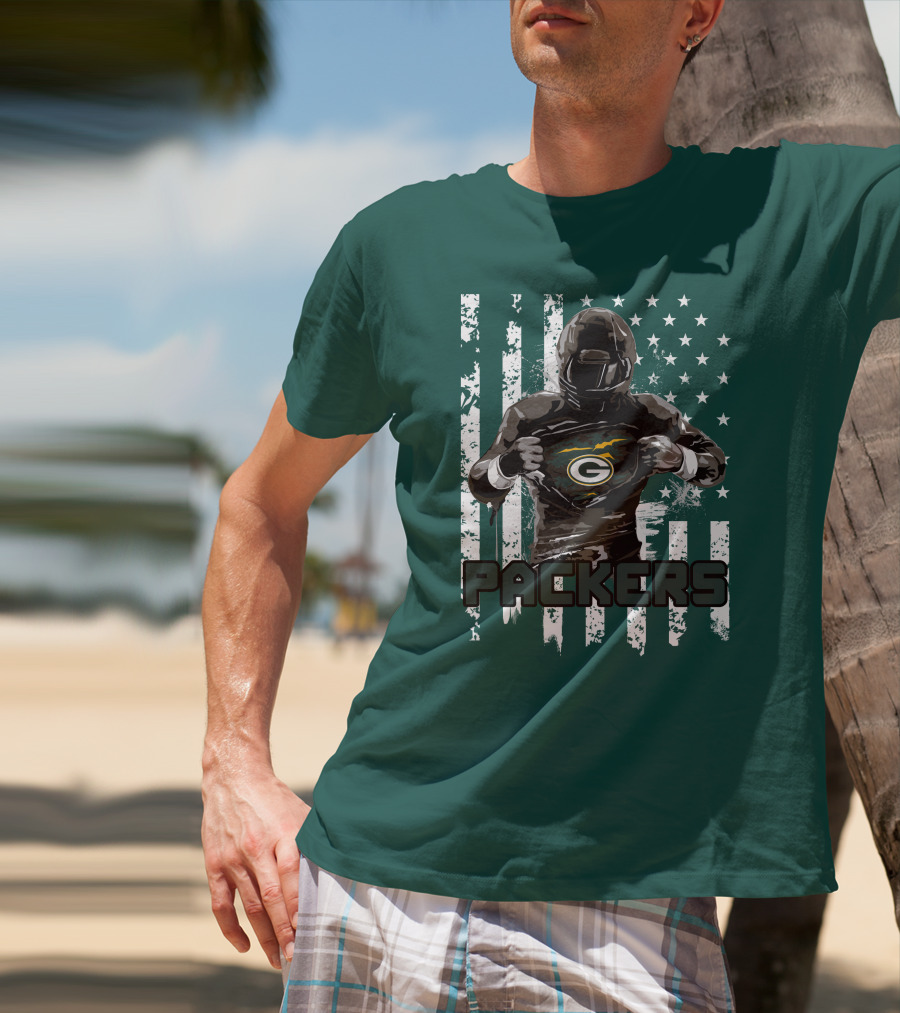Packers Player With Flag Background And Green Bay T-Shirt