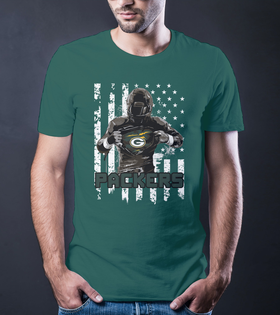 Packers Player With Flag Background And Green Bay T-Shirt
