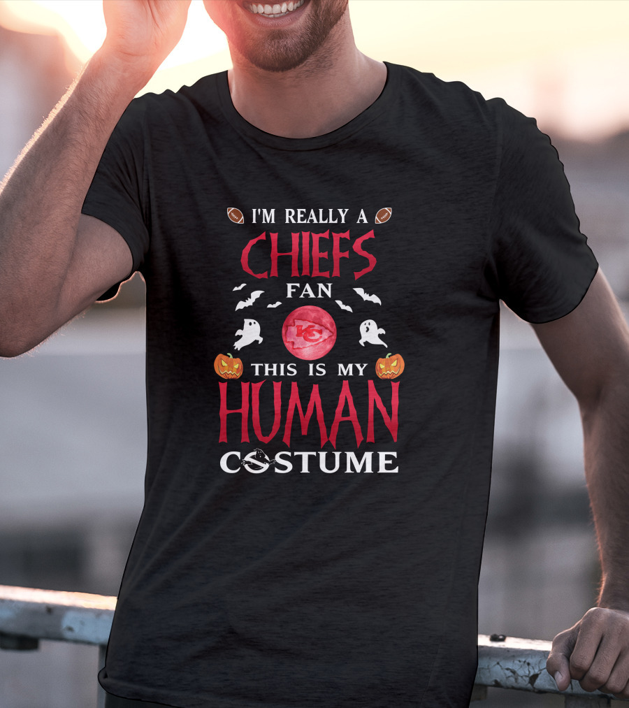 I'm Really A Chiefs Fan This Is My Human Costume Halloween Ghosts Pumpkins Footballs T-Shirt