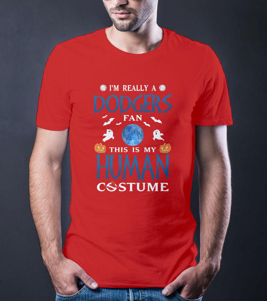 Los Angeles Dodgers Fan Halloween Human Costume Theme With Ghosts And Pumpkins T-Shirt