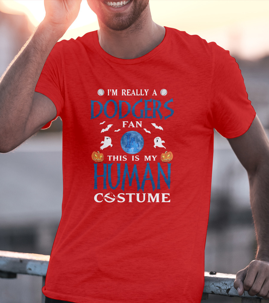 Los Angeles Dodgers Fan Halloween Human Costume Theme With Ghosts And Pumpkins T-Shirt