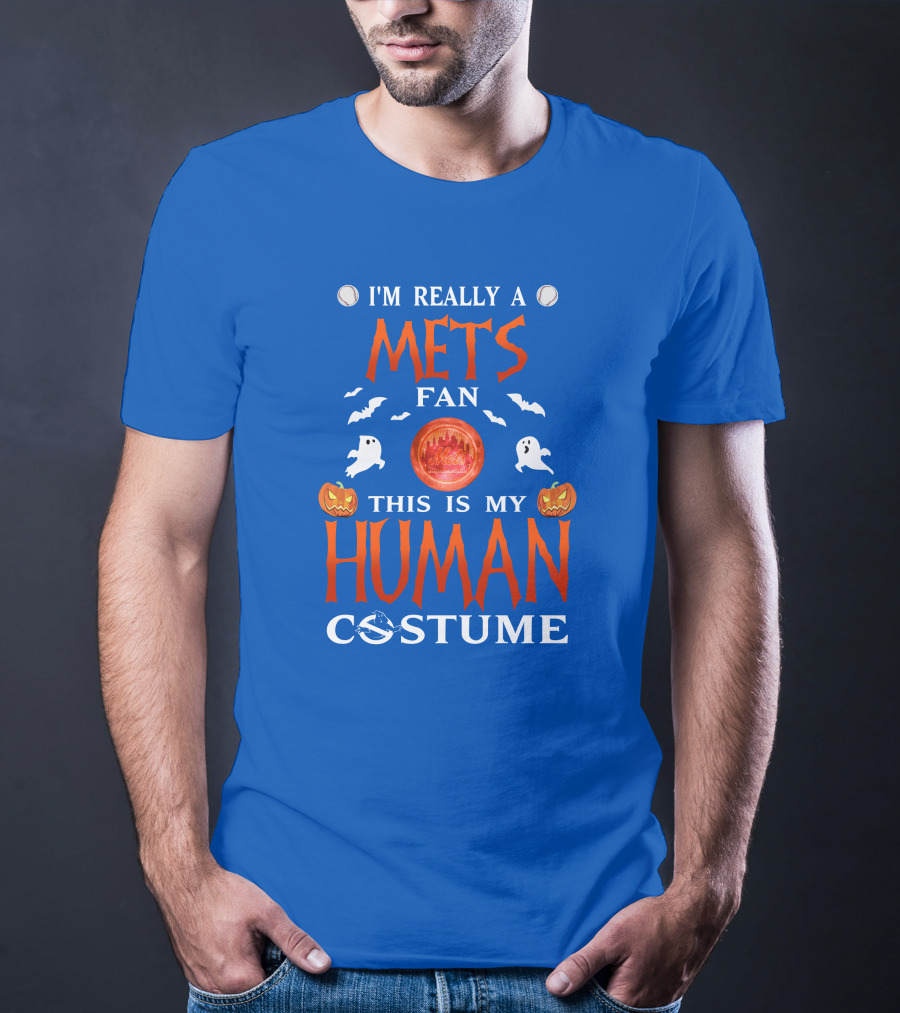 I'm Really A Mets Fan This Is My Human Costume Halloween Ghost Pumpkin Baseball T-Shirt