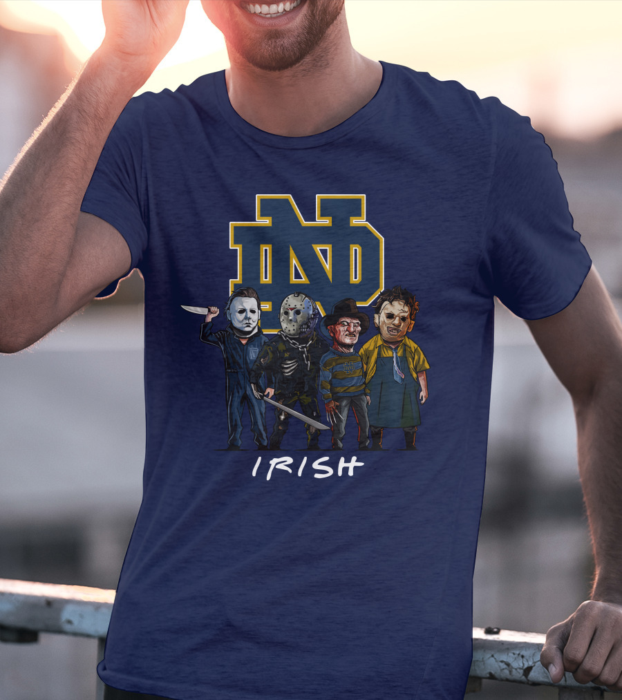 Notre Dame Fighting Irish Halloween With Famous Horror Slasher Characters T-Shirt