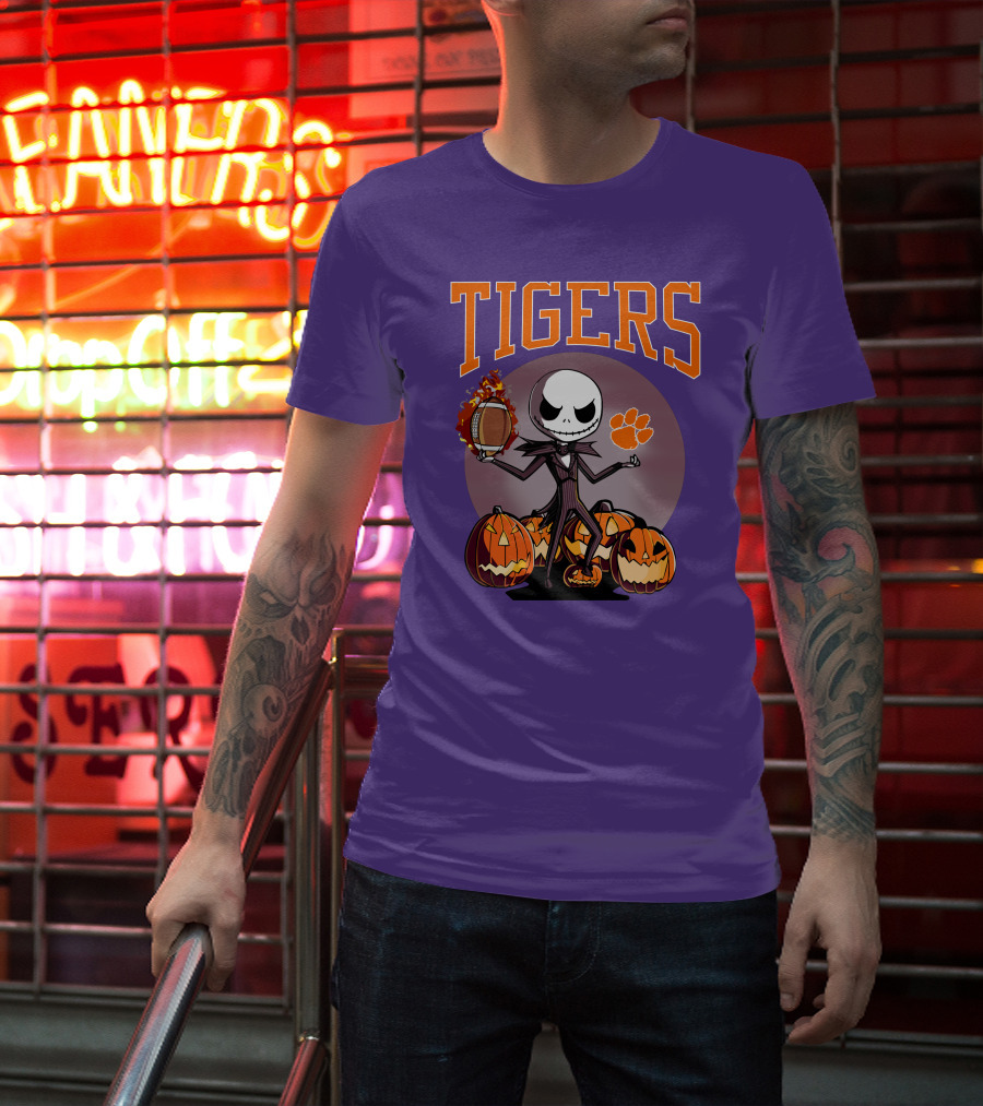 Tigers Jack Skellington Clemson Halloween Football And Pumpkins T-Shirt