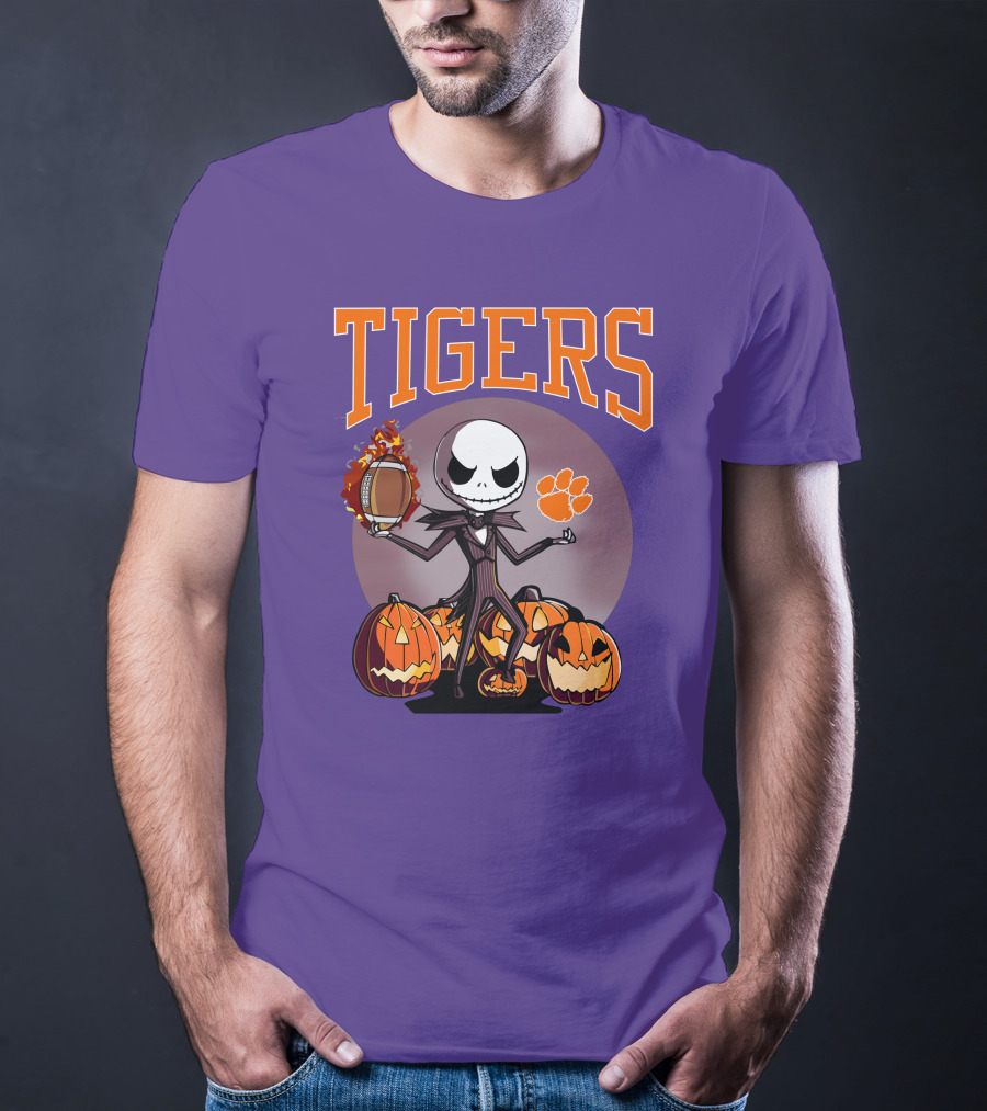 Tigers Jack Skellington Clemson Halloween Football And Pumpkins T-Shirt