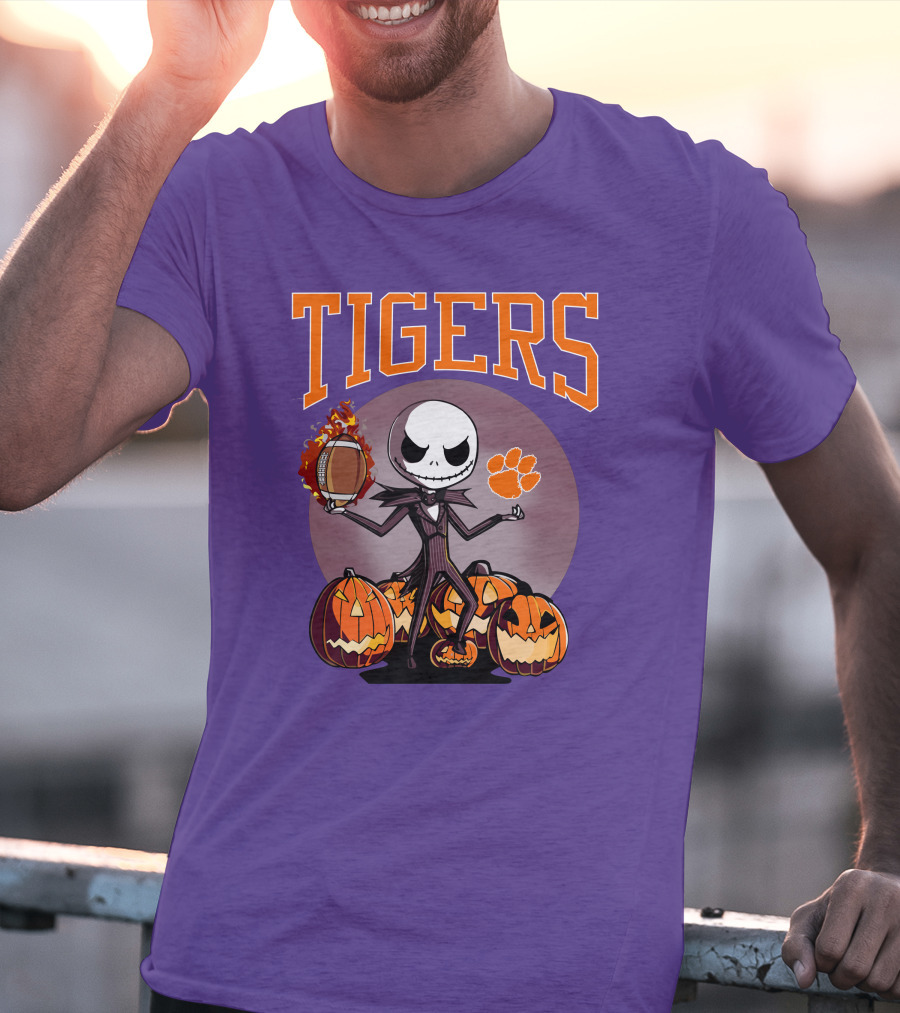 Tigers Jack Skellington Clemson Halloween Football And Pumpkins T-Shirt