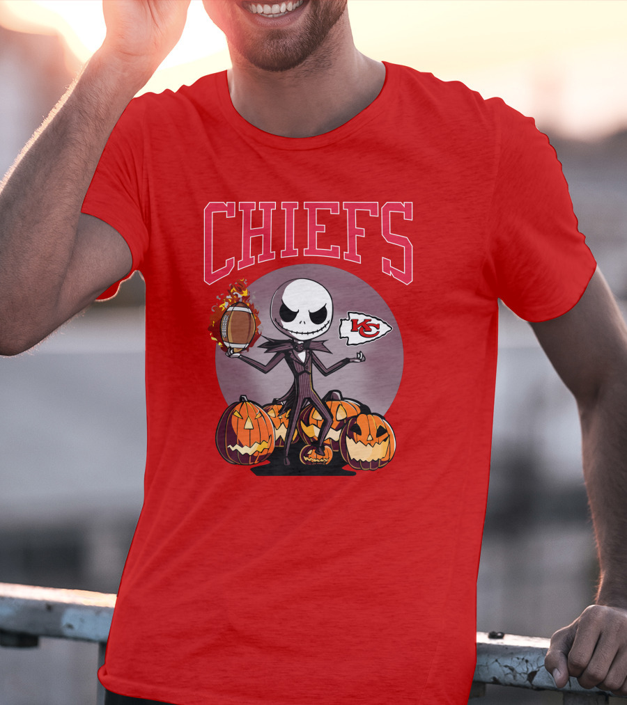 Kansas City Chiefs Jack Skellington Halloween Football Pumpkins T-Shirt