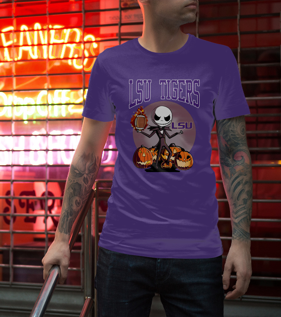 LSU Tigers Jack Skellington Halloween Football Pumpkins T-Shirt