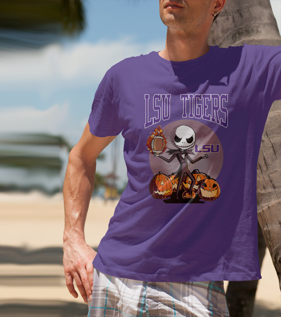 LSU Tigers Jack Skellington Halloween Football Pumpkins T-Shirt
