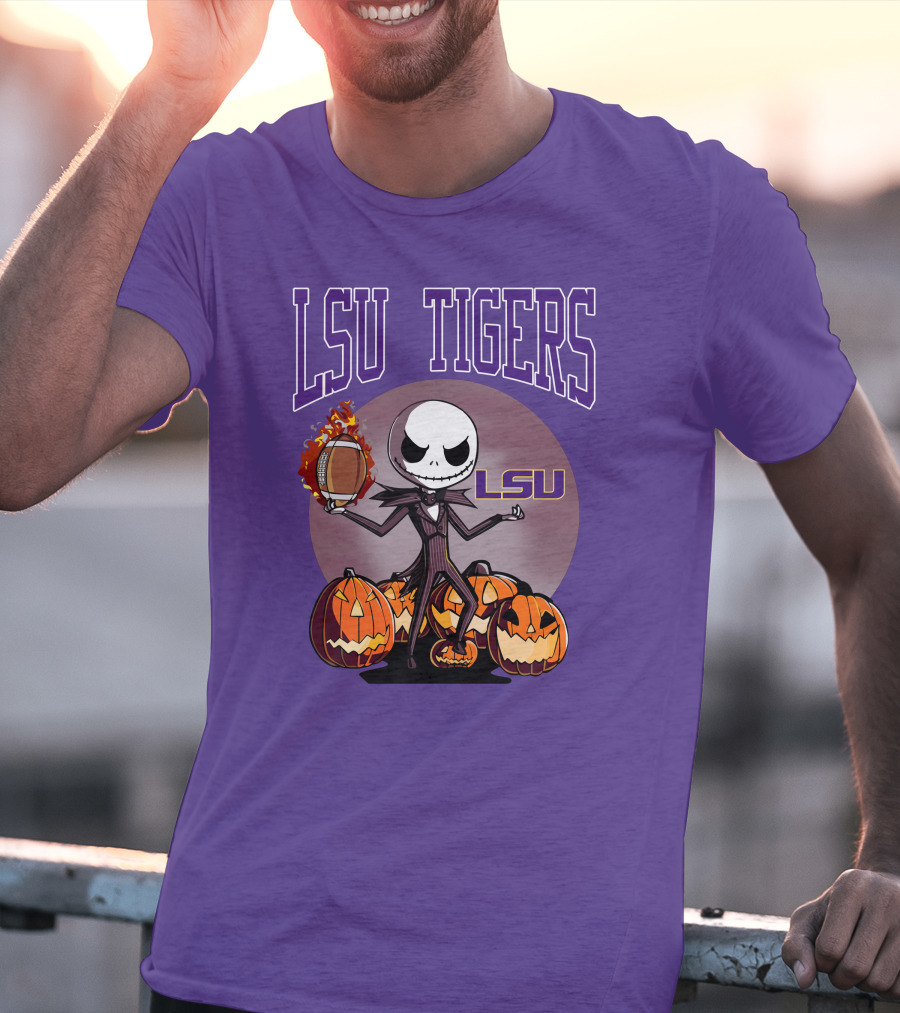 LSU Tigers Jack Skellington Halloween Football Pumpkins T-Shirt
