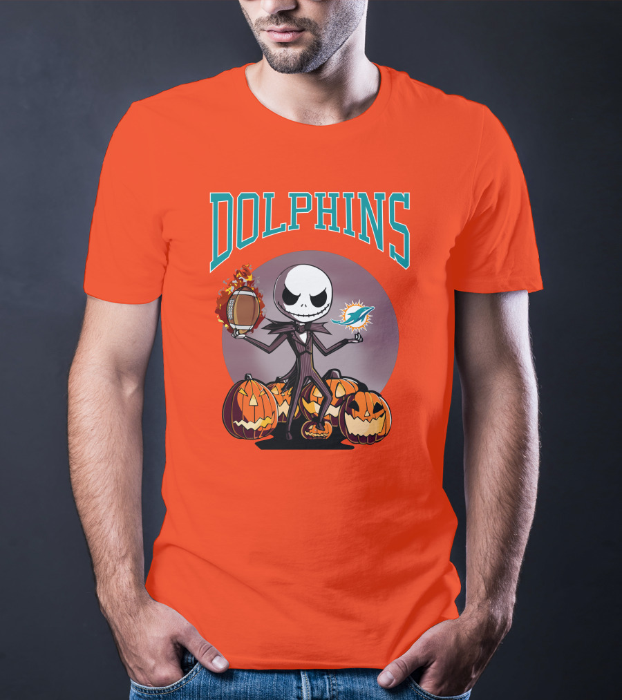 Dolphins Jack Skellington Halloween Miami Football Pumpkins T-Shirt