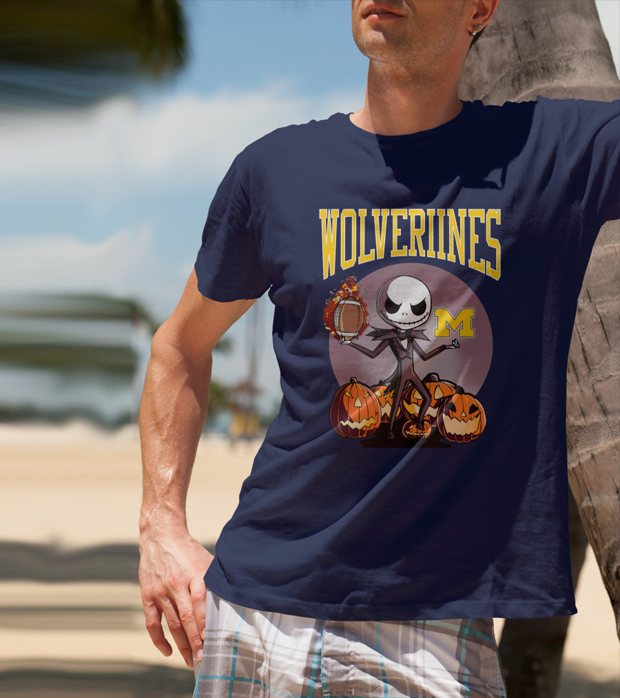 Michigan Wolverines Halloween Jack Skellington Football Pumpkins T-Shirt