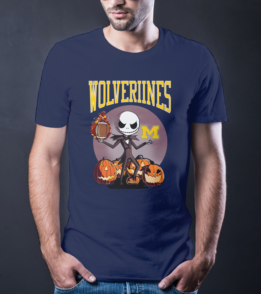Michigan Wolverines Halloween Jack Skellington Football Pumpkins T-Shirt