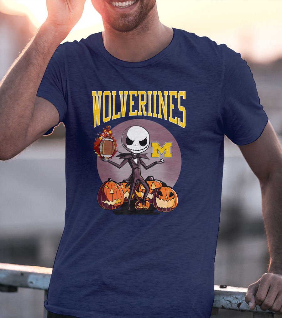 Michigan Wolverines Halloween Jack Skellington Football Pumpkins T-Shirt