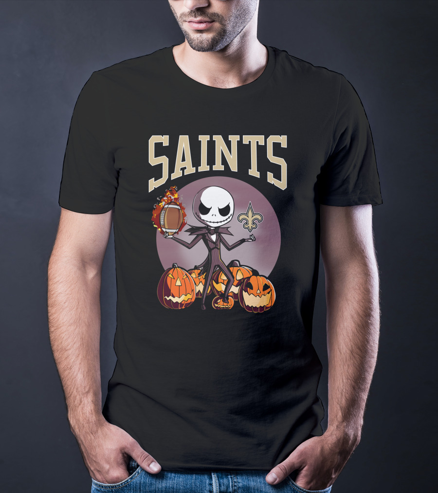 New Orleans Saints Jack Skellington Halloween Pumpkins Football Fleur-de-Lis T-Shirt